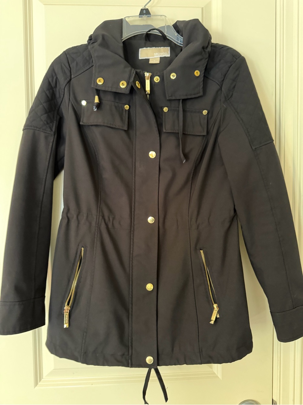 Michael Kors Black Hooded Utility Jacket with Gold Hardware